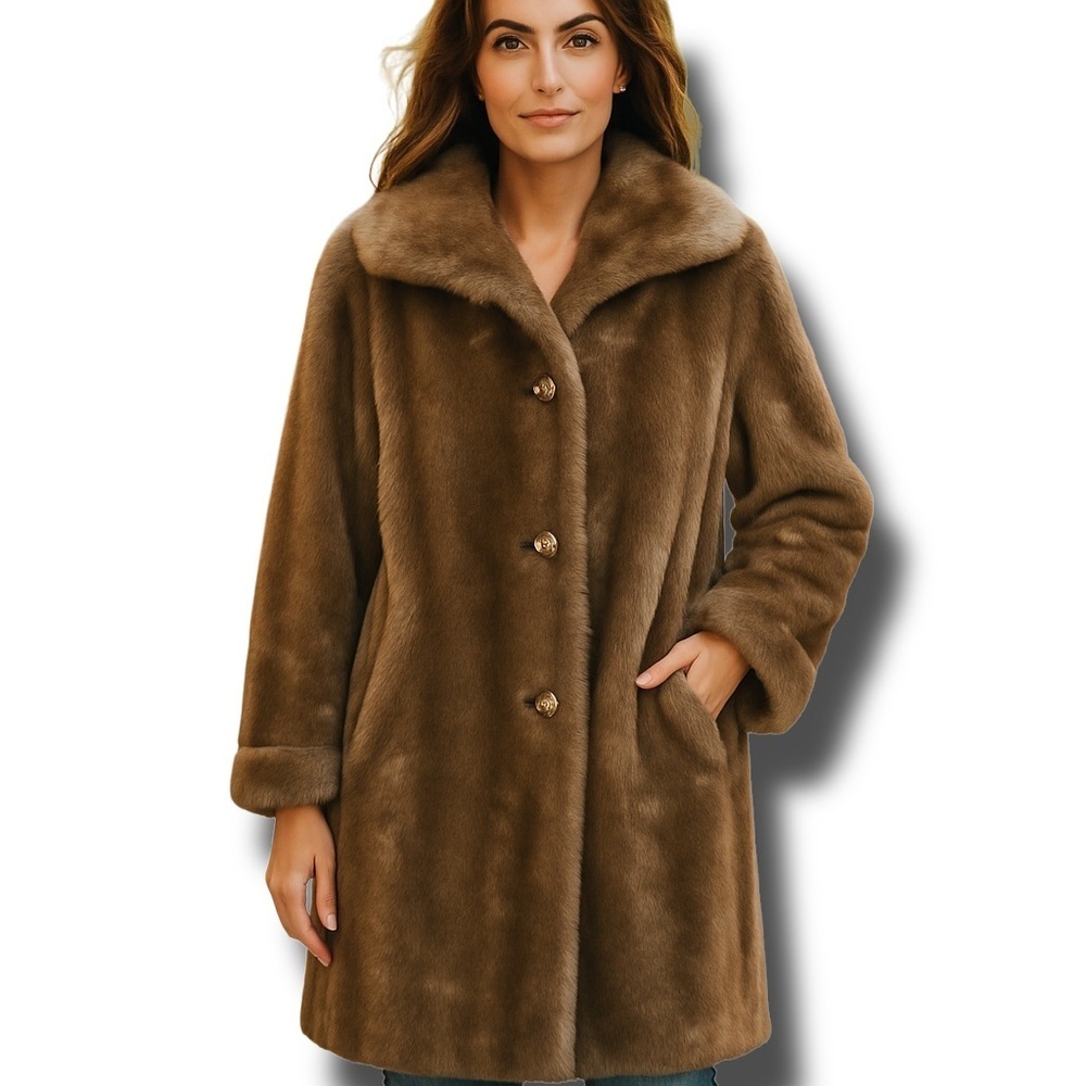 Vintage Jacket Faux Fur Brown Tan Formal Long‎ Midi Sears Size Large